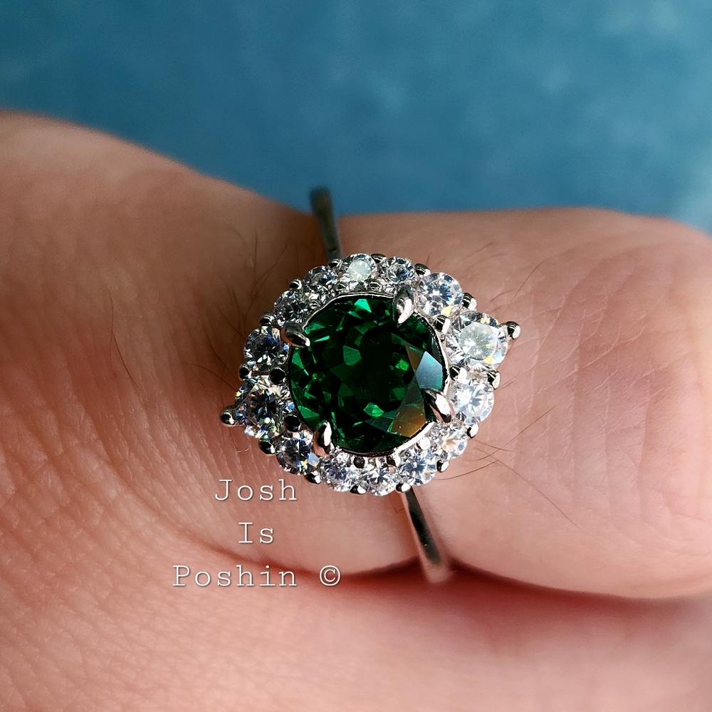 0.8CT Round Emerald diamond halo ring in sterling silver
